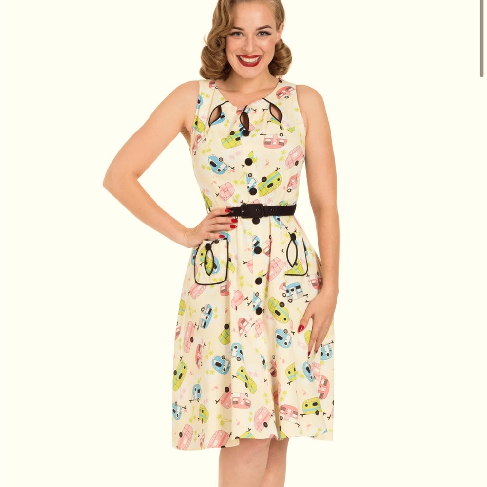 Voodoo Vixen Cream Vintage Camper Print Fit-and-Flare Dress with Black Belt